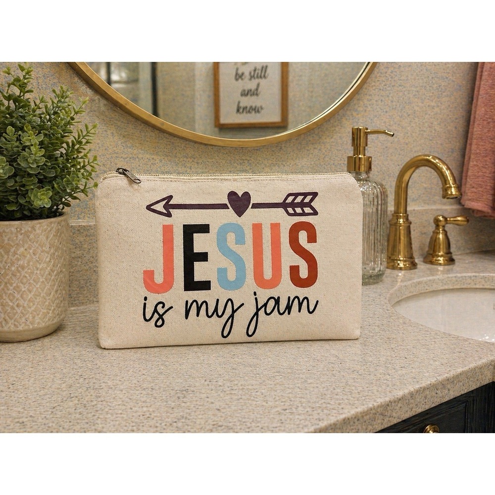 Jesus Is My Jam Christian Makeup Bag Canvas Cosmetic Pouch Faith Gift